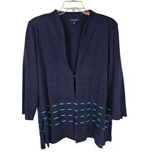 Ming Wang Navy Open-Front Knit Cardigan 1X‎ Aqua Accents Hook Closure Office